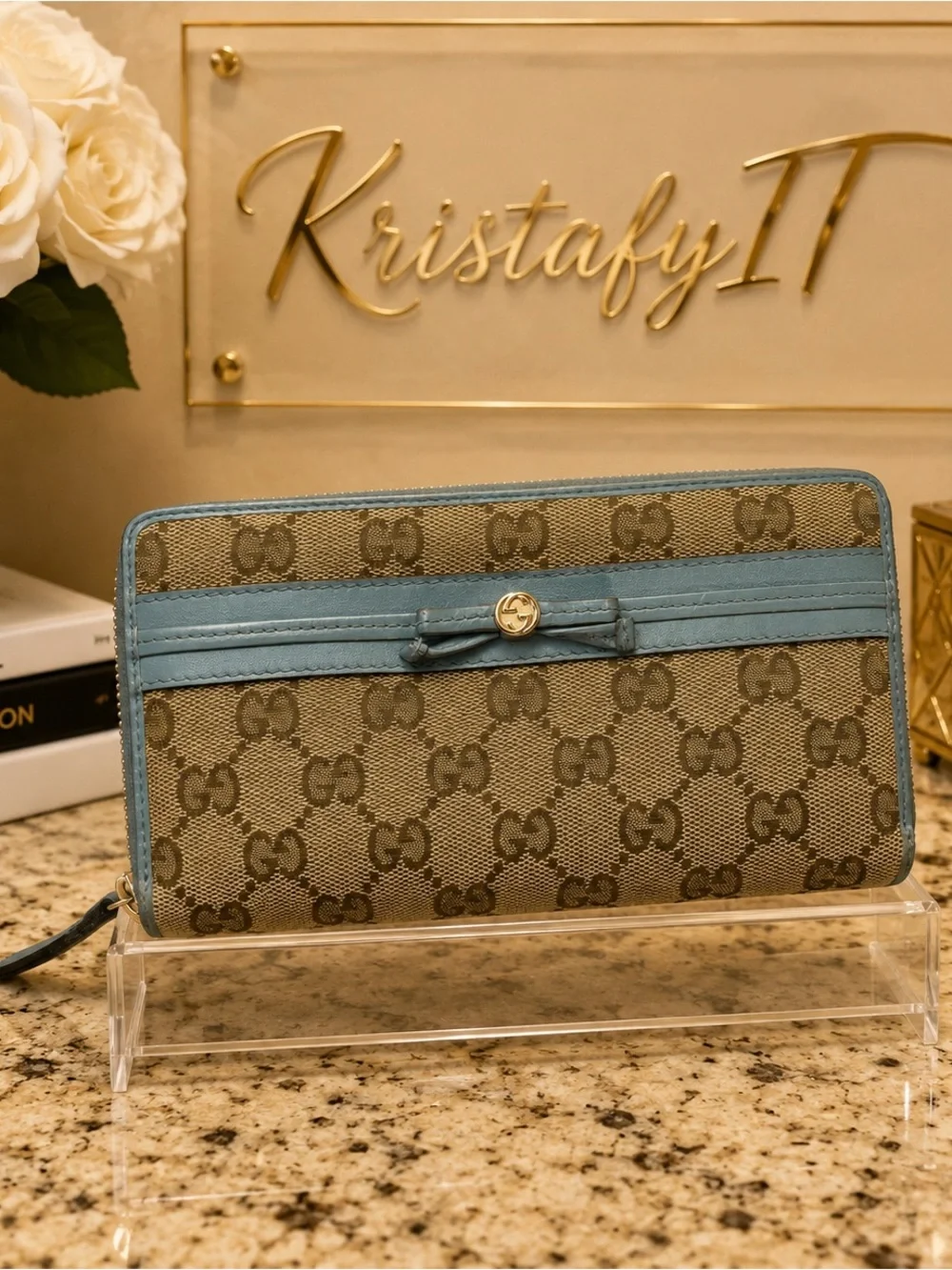 Gucci GG Canvas Zip Around Wallet Blue Leather Trim Bow Continental - Picture 1 of 9